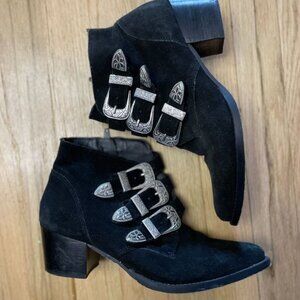 ASOS Black Suede Western Booties Silver Buckle Straps Block Heel - Size 7